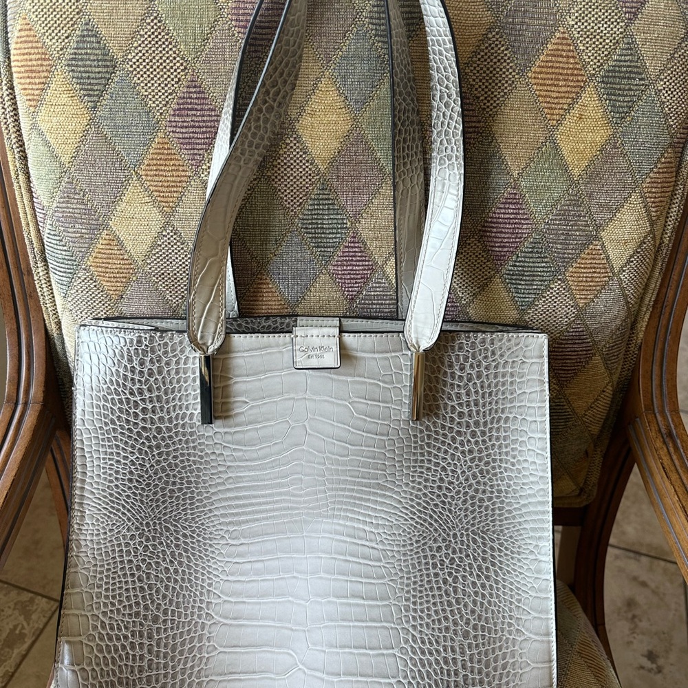 Calvin Klein Gray Silver Crocodile Embossed Tote